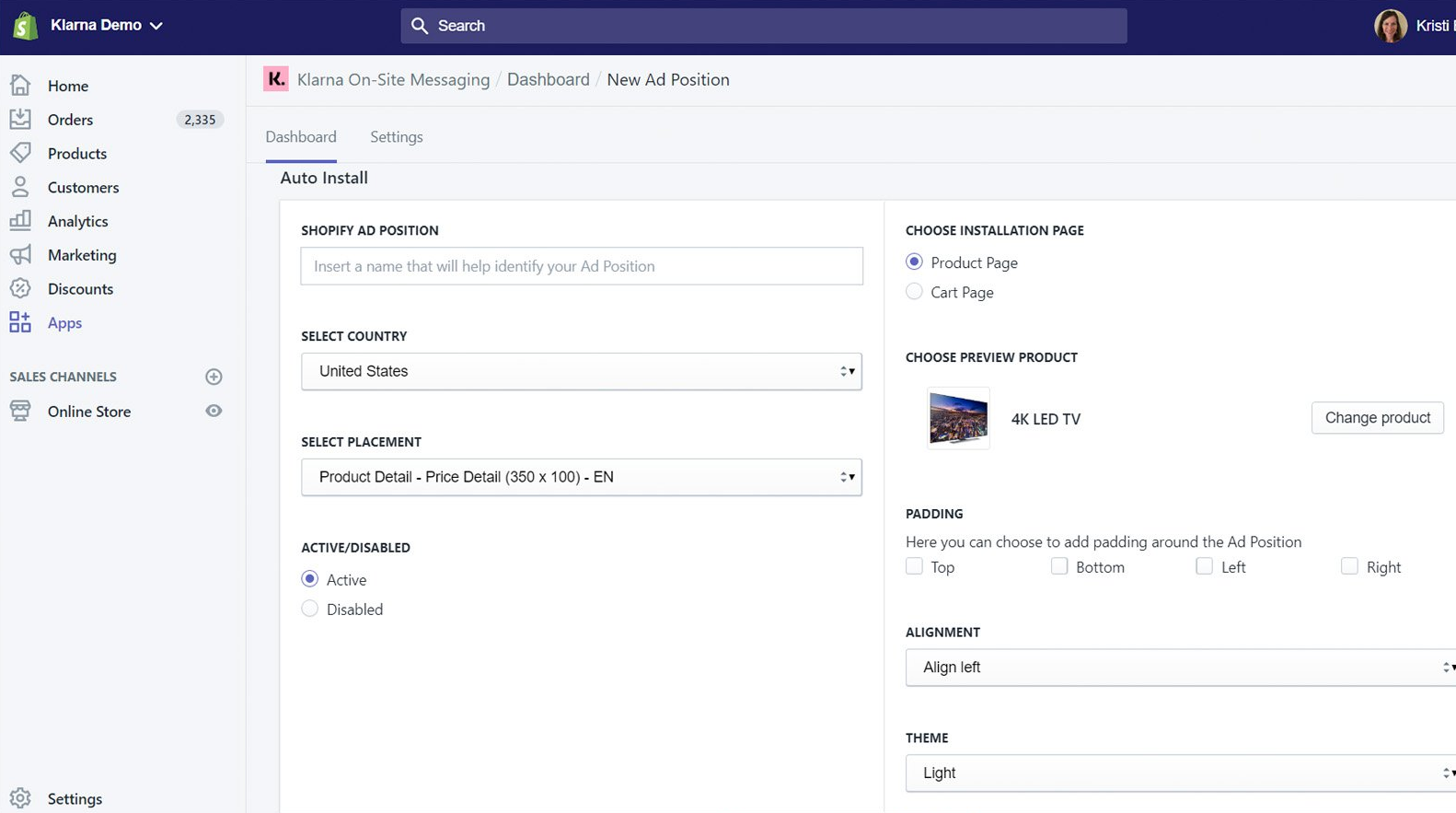 Klarna Onsite Messagin App Dashboard