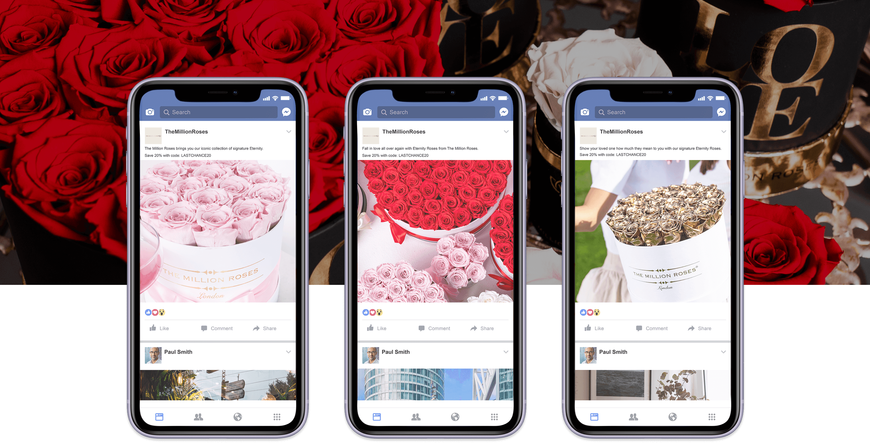 million roses website displayed on 3 mobile phones