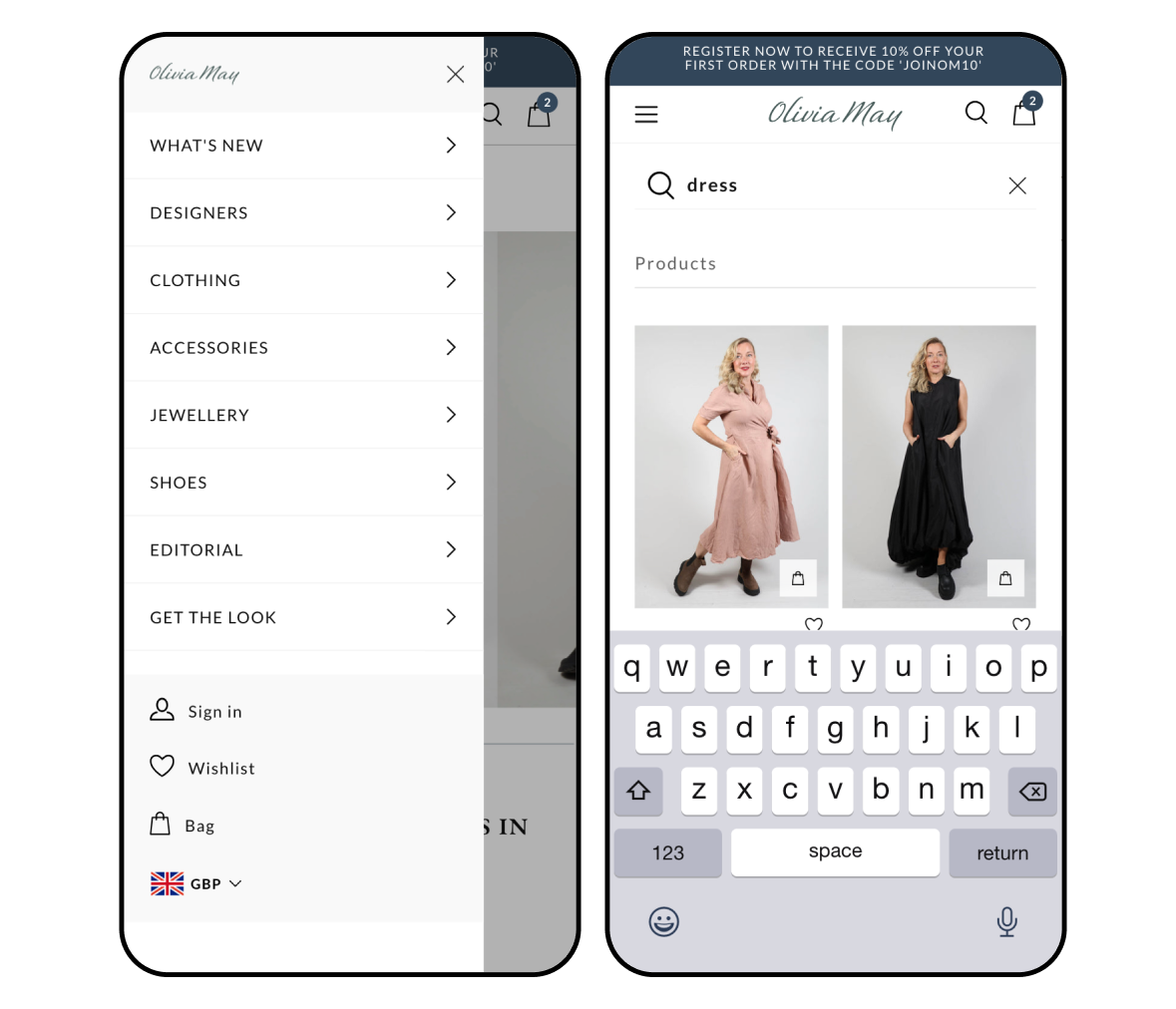 olivia may shopify store search function and category list