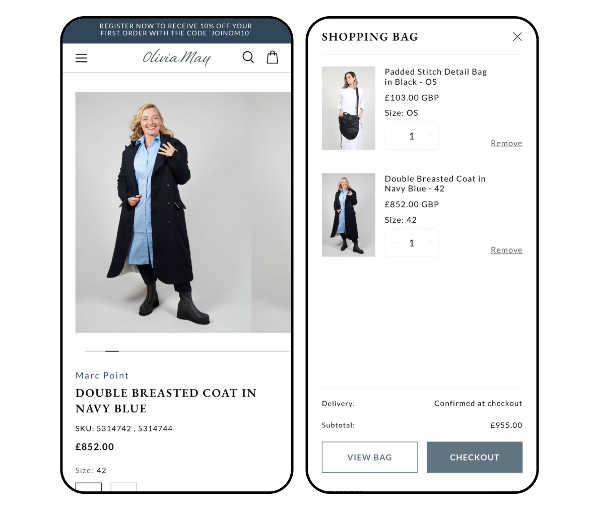 olivia may ecommerce store showing woman wearing double breasted blue coat