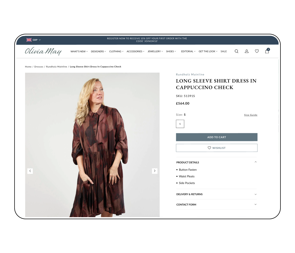 olivia may product page showing woman wearing a long sleeve shirt dress