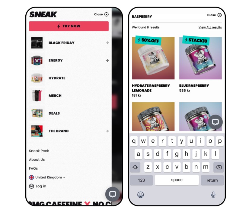 sneak energy ecommerce store on mobile, showing categories of product