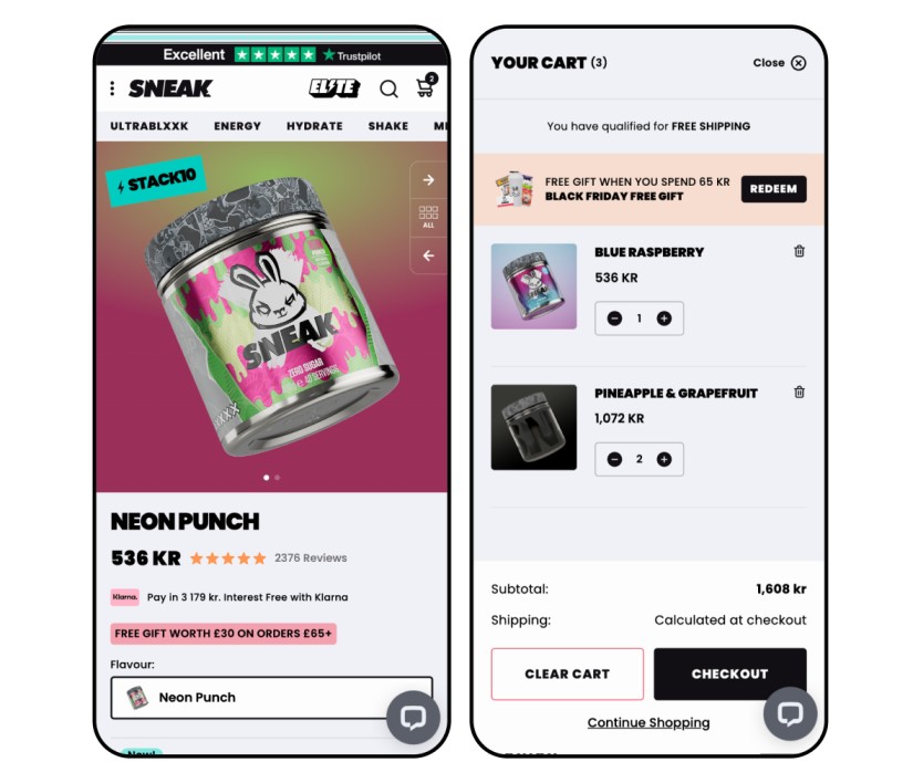 two mobile phones showing a sneak energy product and cart on the ecommerce store