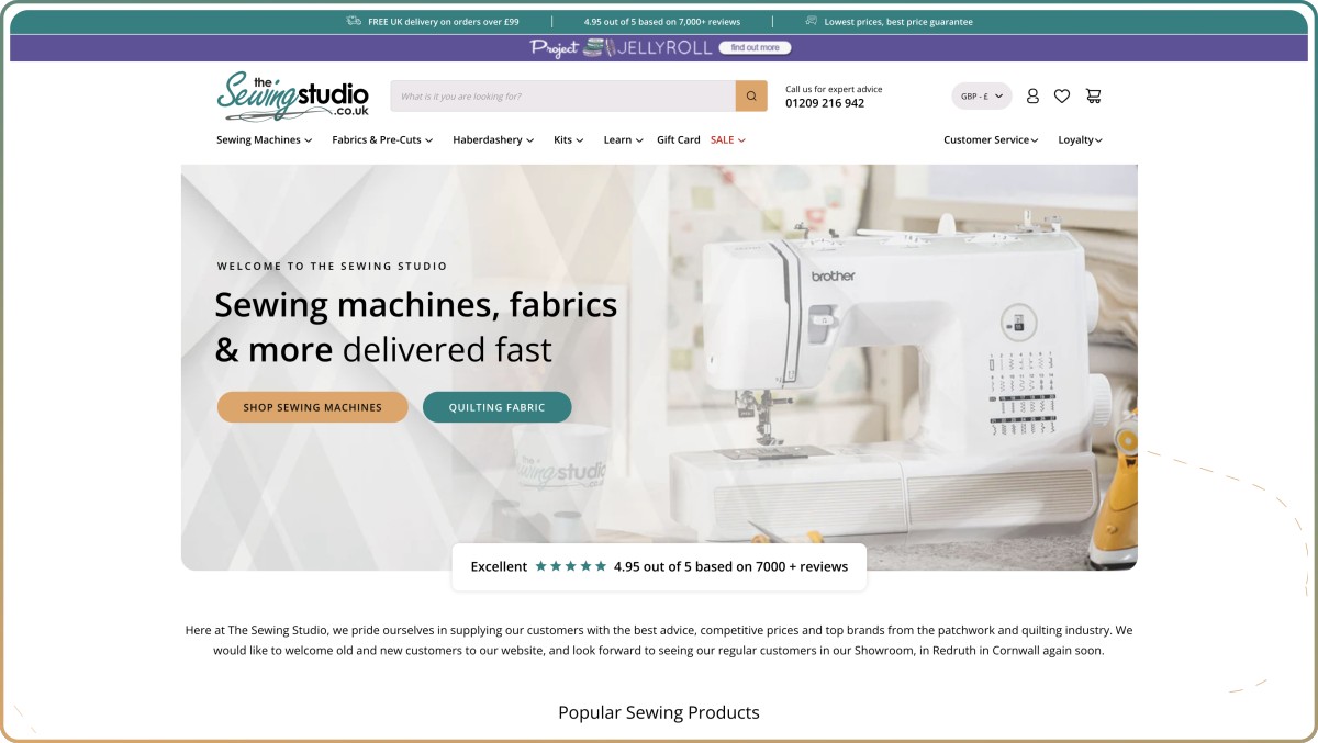 sewing studio ecommerce website homepage