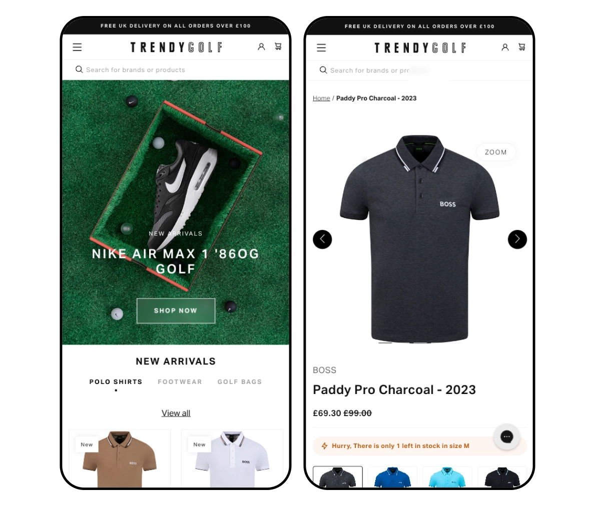 trendygolf homepage and product page